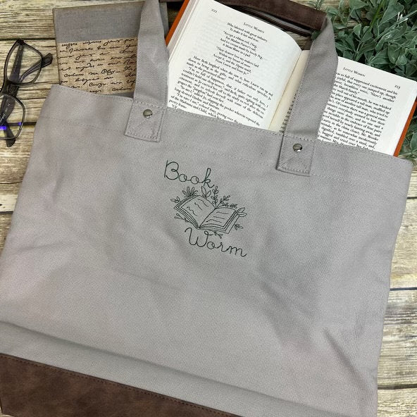 Book Worm Embroidered Canvas Tote Bag